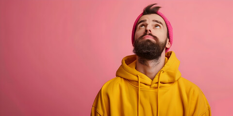 Fototapeta premium Thoughtful Man in Yellow Hoodie Looking Up Against Pink Background