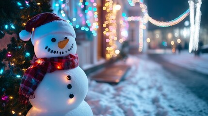 Obraz premium of a snowman in the front of an american mansion decorated with many colorful lights garlands with light decorations in front of the house, with Christmas lights 