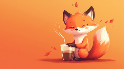 A cute red fox with a glass hot coffee. abstract illustration, pop surrealism, bizarre, whimsical. Pop Surrealism. Illustration