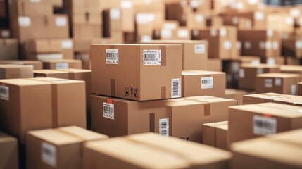 Stacks of brown cardboard boxes in a shipping warehouse, with barcode labels visible.