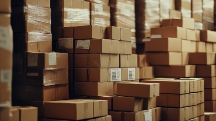 Stacks of brown cardboard boxes in a shipping warehouse, with barcode labels visible.