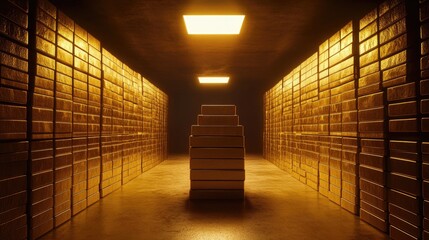 Stacks of gold bricks arranged symmetrically, lit by a single overhead light in a dark room.