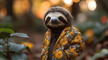Naklejka premium A sloth in a floral suit, captured in a human pose.