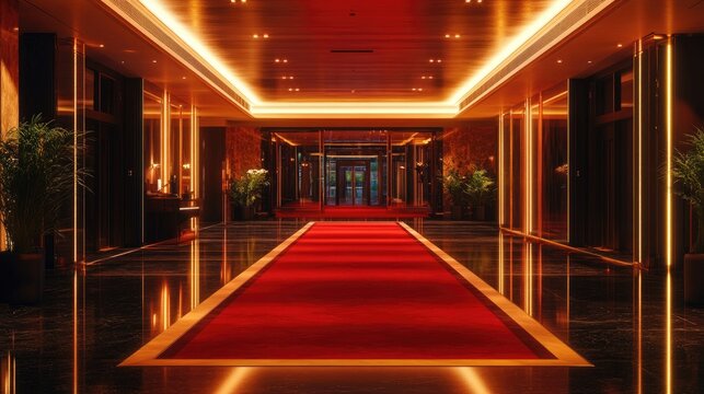 The grand entrance to a luxury hotel, with red carpets and valet service under glowing lights.