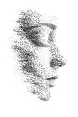A black and white illustration of a woman's face made up entirely of words