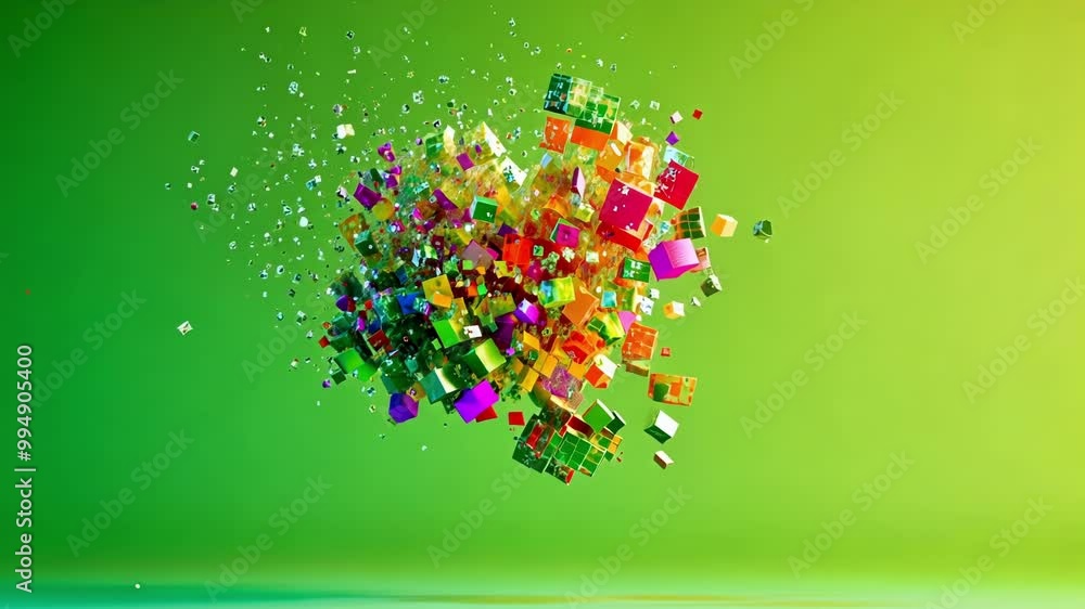 Poster colorful exploding cubes on green screen for visual effects and motion graphics. perfect for creativ
