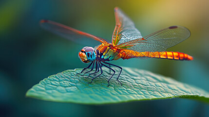 A dragonfly perched on the edge of a green leaf