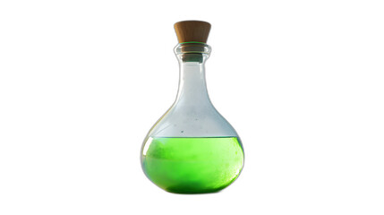 A witches potion bottle with glowing green liquid isolated on a plain white background