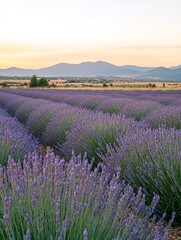 Obraz premium A field of lavender flowers in bloom, with a view of rolling hills in the distance at sunset.