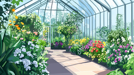 A large greenhouse filled with plants and flowers. Victorian Garden. Illustration