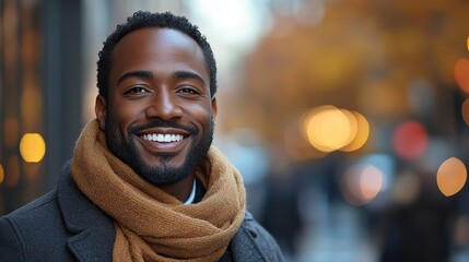 Fototapeta premium A smiling man walks through the city, his cheerful demeanor adding to the lively urban atmosphere.