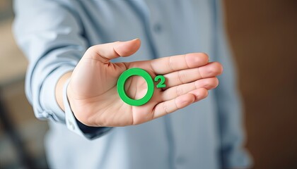 Reduce CO2 emission concept. A hand holds a green CO2 emissions symbol, representing carbon footprint awareness, net zero, and carbon neutrality. Climate change, Global warming, Greenhouse gas,

