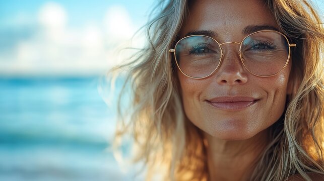 A smiling mature woman at the beach enjoys the sunny weather near the ocean, feeling happy and relaxed in her natural, carefree lifestyle.