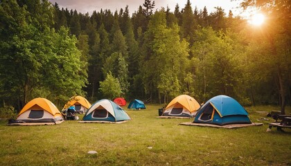 Tourists camping with a tent near a fire in the forest near the lake 55