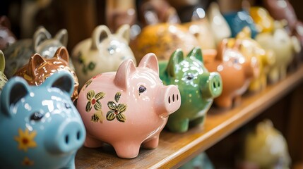 Obraz premium A Row of Colorful Ceramic Piggy Banks on a Wooden Shelf