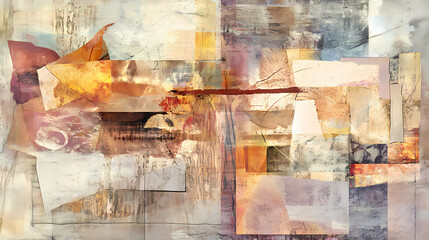 A mixed media collage featuring various textures and patterns, including distressed paper edges. Mixed Media Collage. Illustration