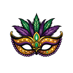 A decorative Mardi Gras mask with glitter beads and feathers.