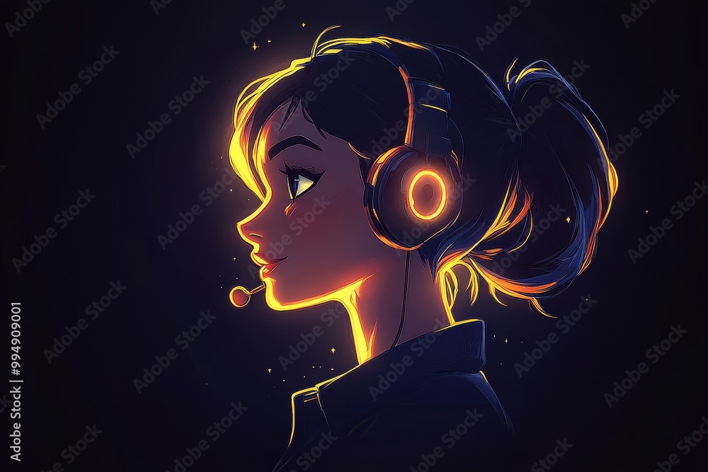Poster side profile of a woman wearing a glowing orange headset in a dark environment symbolizing communica
