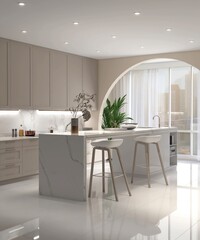 White marble kitchen island in modern, luxury kitchen with beige built in cabinet, cupboard in sunlight from arch window to cityscape view for interior design decoration, product background 3D