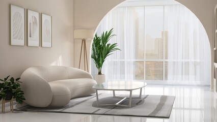 Elegant white sofa, oval coffee table on gray shag rug in sunlight from window arch with sheer curtain on cream wall luxury, modern living room for interior design decoration, product background 3D