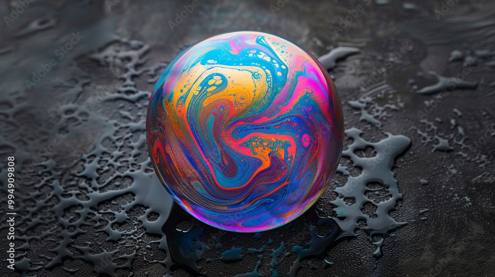 Poster colorful soap bubble with abstract patterns on dark surface. a vibrant soap bubble displaying swirli