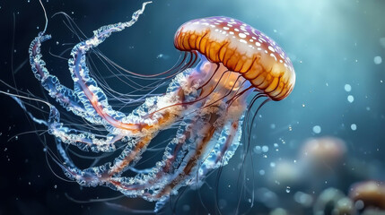 A vibrant jellyfish gracefully swims through the deep blue ocean