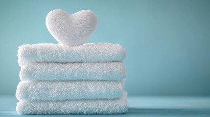 stack of soft, white towels with a heart-shaped towel on top