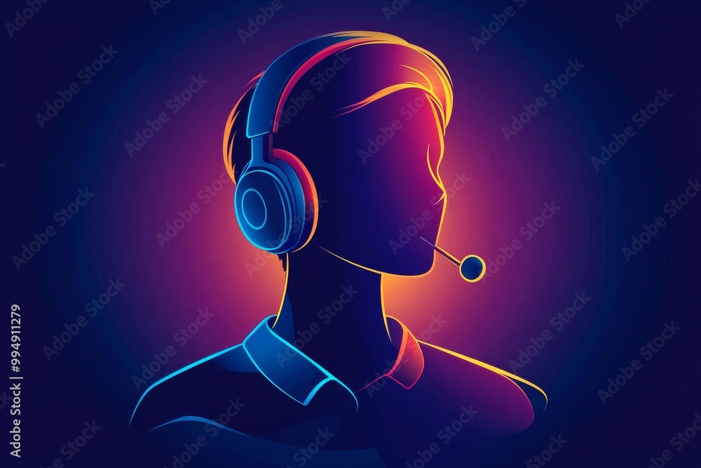Poster stylized neon blue and purple profile of a person wearing a headset symbolizing digital communicatio