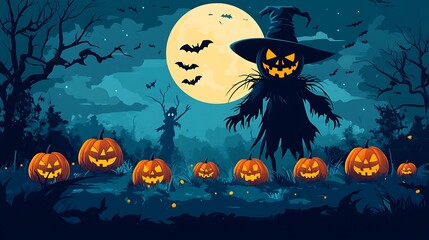 Scary Pumpkin Patch A moonlit pumpkin patch with glowing Jack-O'-Lanterns scattered around, with an ominous scarecrow standing tall. 