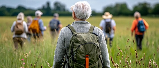 Senior Hiker Walking Through Lush Green Field
