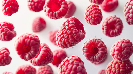 Vibrant raspberries floating gracefully against a soft pink background, perfect for culinary and health-related visuals..