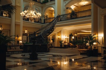Interior of a luxury hotel lobby in the evening generative ai