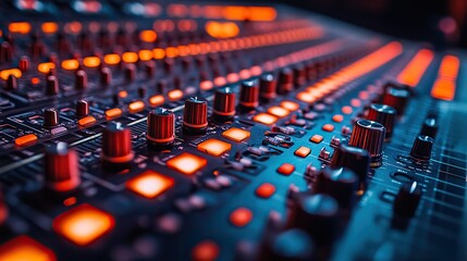 Fototapeta premium A sound audio mixer panel in a recording studio scene highlights the intricate equipment used for audio production.