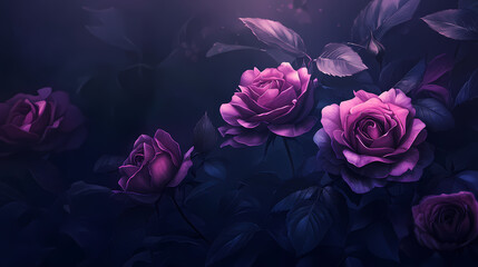 Beautiful rose bush on dark background. moody flowers. cursed, magic flower. rosa damascena or damask rose. romantic luxury background. elegant love and passion concept. Victorian Garden. Illustration