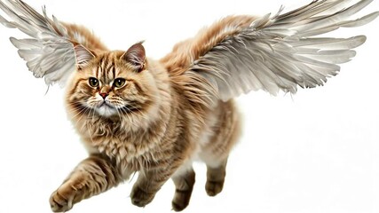 Flying Cat with Wings: Majestic Maine Coon Soaring.  A whimsical image of a longhaired Maine Coon cat with large, majestic wings in mid-flight.  Perfect for fantasy, pet, or whimsical projects. 