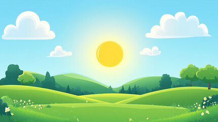 Obraz premium Cartoon-style illustration of a beautiful sunny day with a blue sky, white clouds, and rolling green hills