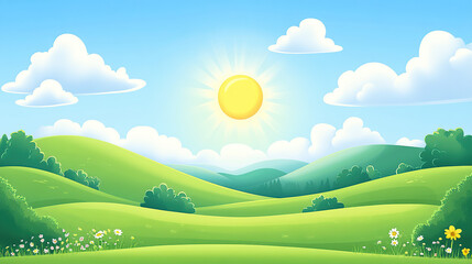 Obraz premium Cartoon-style illustration of a beautiful sunny day with a blue sky, white clouds, and rolling green hills