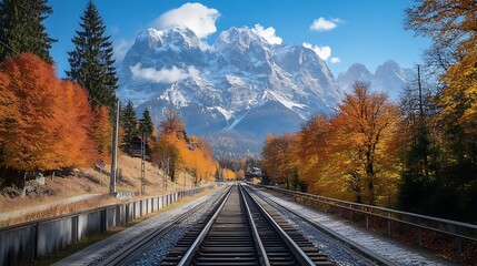 Fototapeta premium Train Tracks Leading Towards Majestic Mountains in Autumn