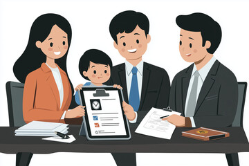 Family discussing their health, life, and travel insurance policies with a financial advisor, surrounded by insurance documents and a tablet showing protection options