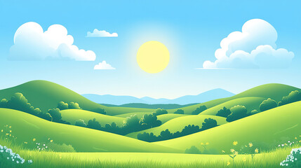 Obraz premium Cartoon-style illustration of a beautiful sunny day with a blue sky, white clouds, and rolling green hills