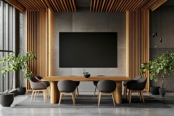 Fototapeta premium Modern wooden and concrete meeting room interior with furniture and black mock up screen. 3D Rendering .generative ai
