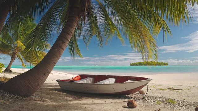 Small fishing boat on wild white sand beach of Tikehau tropical island, French Polynesia. Turquoise water and gently swaying palm trees leaves. Exotic summer luxury travel. Static shot background