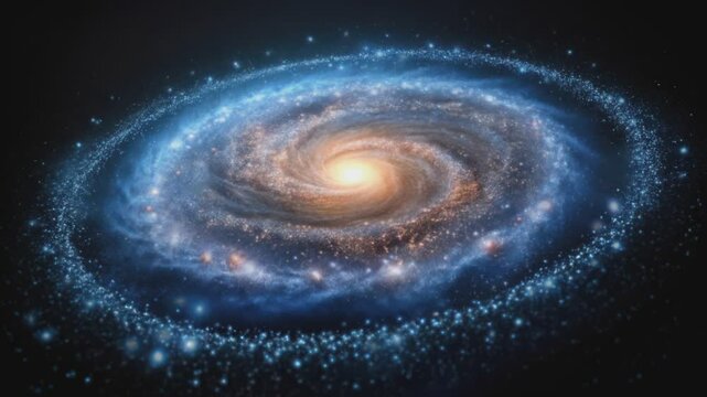 A close-up view of a spiral galaxy, showcasing the swirling arms, glowing core, and surrounding stars.