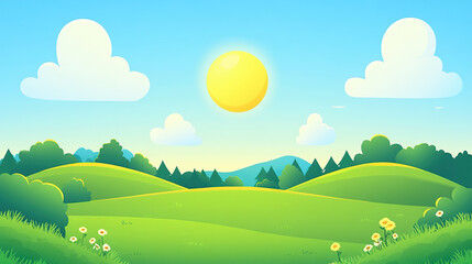 Obraz premium Cartoon-style illustration of a beautiful sunny day with a blue sky, white clouds, and rolling green hills
