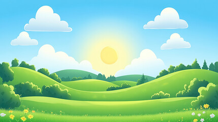 Obraz premium Cartoon-style illustration of a beautiful sunny day with a blue sky, white clouds, and rolling green hills