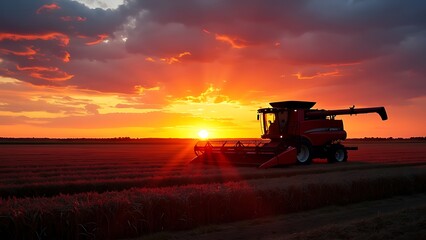 Fototapeta premium Agricultural machinery working in the fields at sunset, capturing the essence of modern farming. The warm glow of the setting sun highlights the equipment and the expansive farmland.