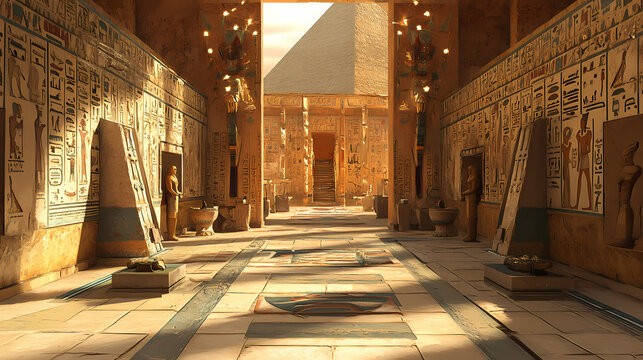 Ai generated image of inside an ancient egyptian pyramid, with various artifacts on the ground and heliographs on the walls. Ancient Egypt. Illustration
