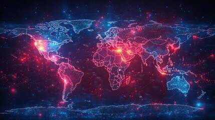 A tech world map showcases global network computing, artificial intelligence, and electronic circuits.