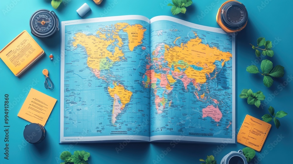 Poster a world map open on a table, surrounded by travel-related items.