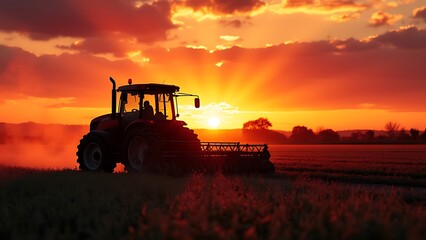 Obraz premium Agricultural machinery working in the fields at sunset, capturing the essence of modern farming. The warm glow of the setting sun highlights the equipment and the expansive farmland.
